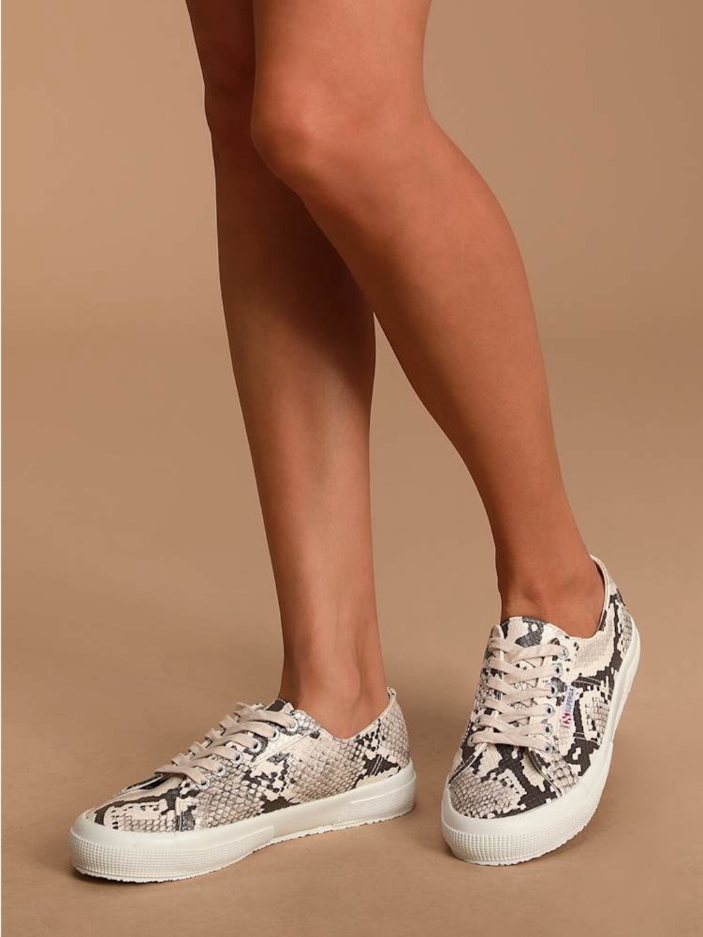 Superga 2750 Snake-Print Low Top Sneakers in Taupe and Black